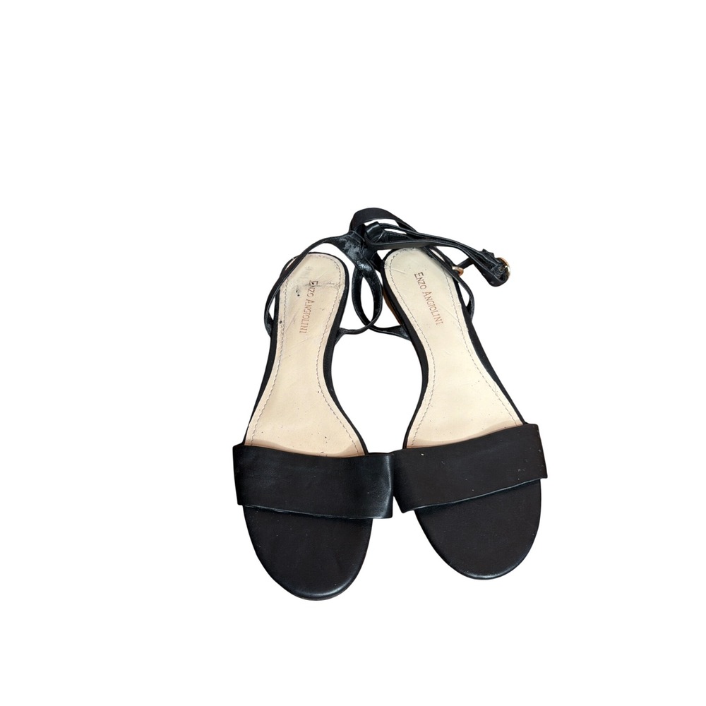 Enzo Angiolini Black Leather Ankle Wrap Sandals Wood Block Heel Size 8.5 M 39